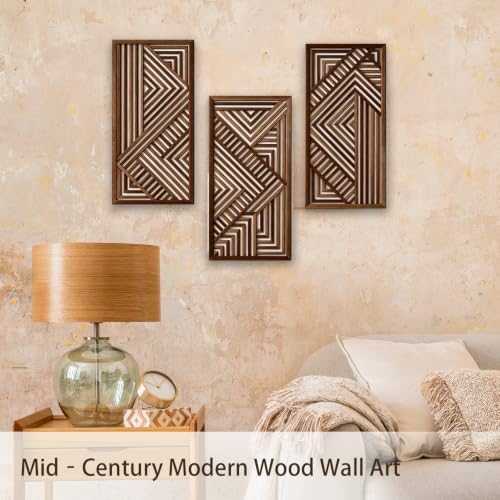Fajarshine Geometric Wooden Wall Art Set of 3 - Modern Abstract Wood Wall Decor, Rustic Farmhouse Wall Sculptures for Living Room, Bedroom, Office - Natural Acacia Wood - Image 2