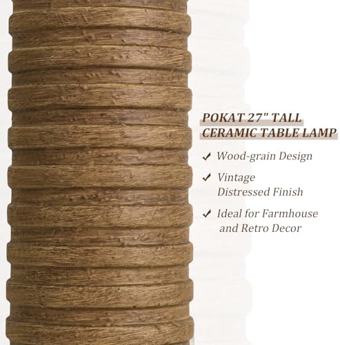 PoKat Farmhouse Table Lamps Set of 2 for Living Room, 27'' Tall Retro Ceramic Bedside Lamps with Linen Lampshade for Bedroom, Vintage Wood-Like Rustic Nightstand Lamp Office Sideboard Hallway (Brown) - Image 2