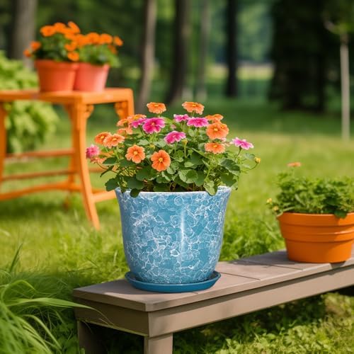 Ceramic Planter - 10 Inch Plant Pot for Indoor Outdoor, Large Round Flower Pots with Drainage Hole and Saucer, Modern Decorative Plant Pots, Garden House Decor, House Warming Gifts, Blue - Image 5