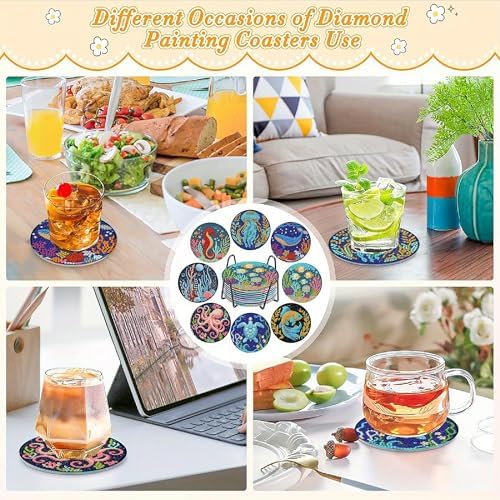 Clendo 8 Pcs Ocean Diamond Art Coasters Kits - Animals Diamond Painting Coasters Kit with Holder Cork Pads, DIY 5D Small Mini Diamonds Dots Kit Full Drill Art Craft Supplies 4X4 - Image 5