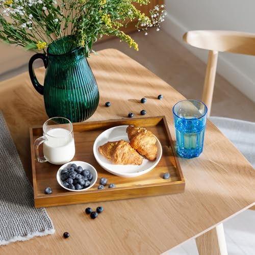 15 Inch Acacia Wood Serving Tray with Handles - Wooden Tray for Ottoman, Breakfast in Bed, Dinner, Coffee Table - Decorative Rectangular Tray for Living Room Bedroom Entryway and Kitchen - Image 5