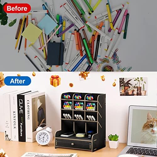 Marbrasse Wooden Desk Organizer, Multi-Functional DIY Pen Holder, Organizer for desk, Desktop Stationary, Easy Assembly, Home Office Art Supplies Storage with Drawer (B11-Black) - Image 5