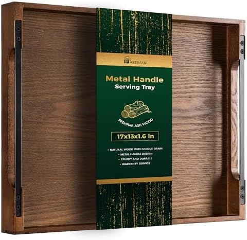 Axeman Wooden Serving Tray with Metal Handles|Ottoman Tray for Breakfast, Bed, Couch|17x13in Ash Wood Coffee Table Trays|Food Drinks Decorative Storage Boards for Ottoman Kitchen, Walnut by Axeman