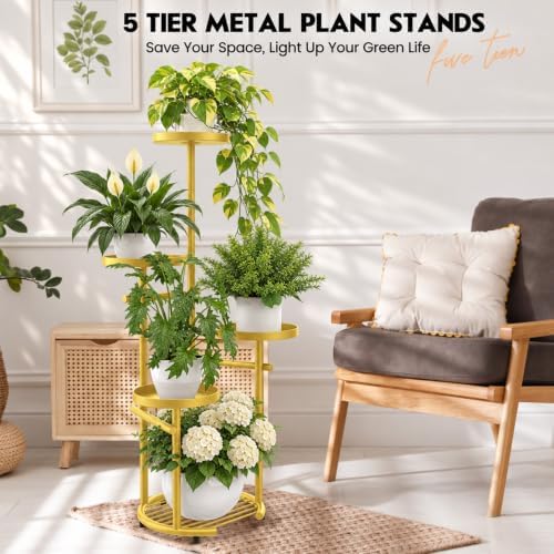 TOSKING Tall 5-Tier Round Metal Corner Plant Stand Indoor, Anti-Tip, Gold - Image 2