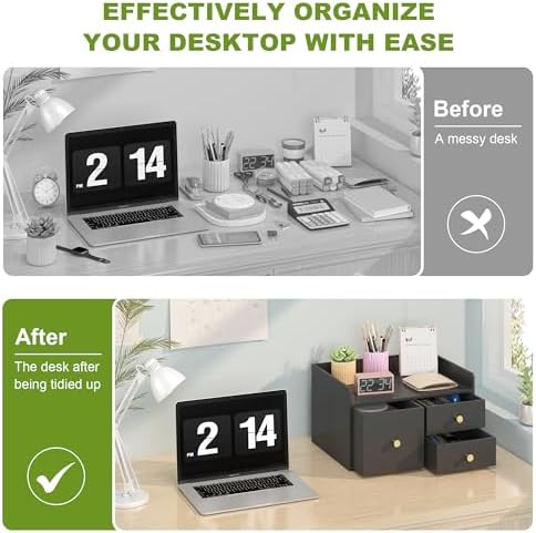 Bamboo Desk Organizer - Stackable, No Assembly Required, Ideal for Office/Home Use - Perfect for Toiletries, Stationery, Accessories. (Black, Square drawer to the left of the fence) - Image 6