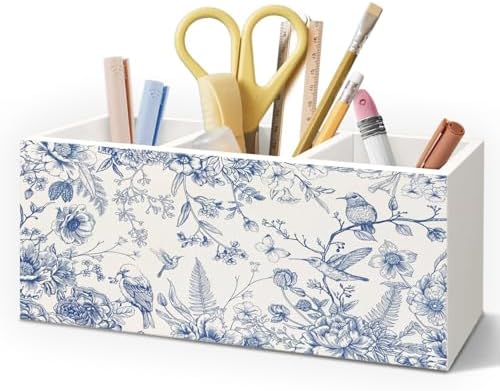 Chinoiserie Floarl Pen Holder for Home Office Desk, Vintage Home Decor, Chinoiserie Blue and White Floral Birds Makeup Brush Toothbrush Holder Organizer for Bathroom Desk Accessories by Unknown