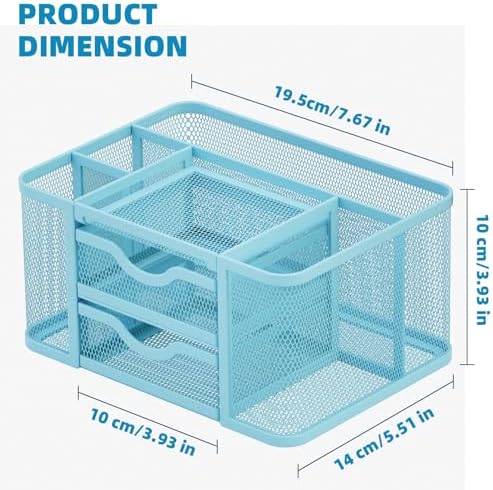 Marbrasse Mesh Desk Organizer, Pen Organizer with 2 Drawer, Multi-Functional Pencil Holder, Desk Organizers and Accessories with 5 Compartments + Drawer for Office Art Supplies (Blue) - Image 4