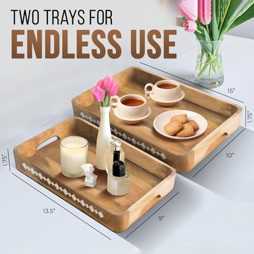 Mela Artisans Rounded Mango Wood Serving Tray Set - Natural, 15" and 13.5" - Image 3