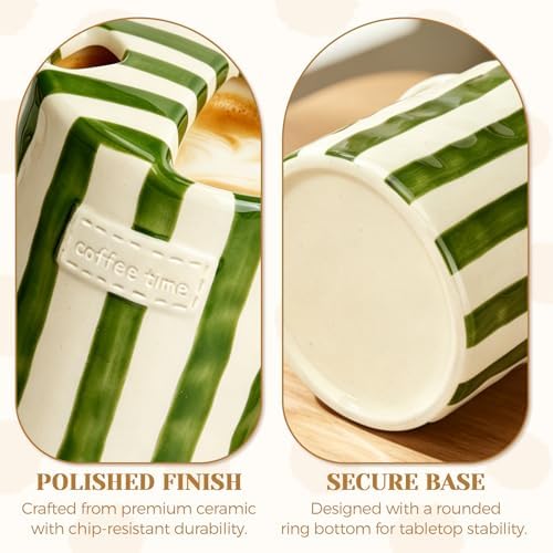 Ceramic Coffee Mug Novelty Ceramic Travel Mug Cute Espresso Cups To Go Anthropologie Latte Cups Aesthetic Green Pottery Mugs With Sip Hole 10oz Clay Striped Vintage Handmade Coffee Cup for Home - Image 5