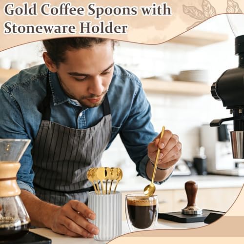 6 Pcs 6.7 Inches Gold Coffee Spoons with Stoneware Striped Utensil Holder Tea Spoons Long Handle Coffee Stirrer Spoon Set for Coffee Bar Tea Party - Image 6