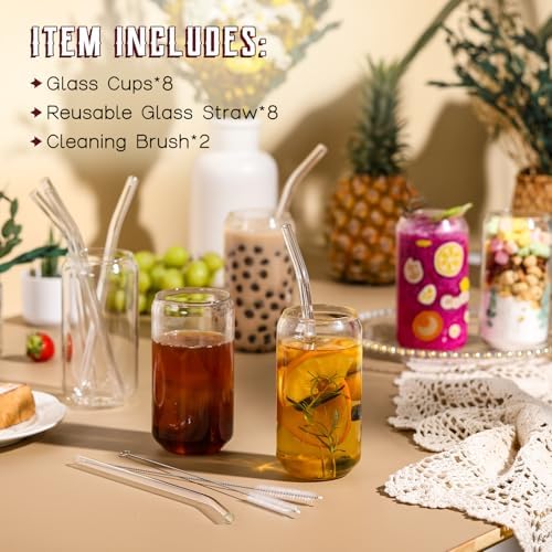 NETANY [ 8pcs Set ] Drinking Glasses with Glass Straw - 16oz Glass Cups, Beer Glasses, Iced Coffee Glasses, Cute Tumbler Cup, Ideal for Whiskey, Soda, Tea, Water, Gift - 2 Cleaning Brushes - Image 2