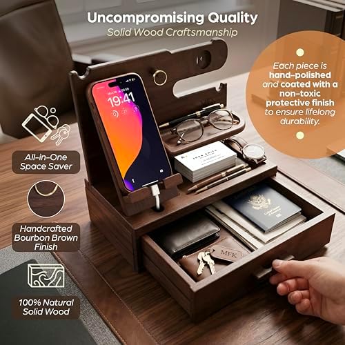 Bourbon Brown Wood Nightstand Organizer Docking Station Key, Wallet & Watch - Image 6
