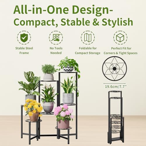 7 Tier Metal Patio Plant Stand Outdoor, Heavy Duty Flower Stands for Indoor Plants, Floding Tall Corner Shelf for Diaplay Racks for Home Decor, Graden, Balcony -BlackDiamond - Image 5