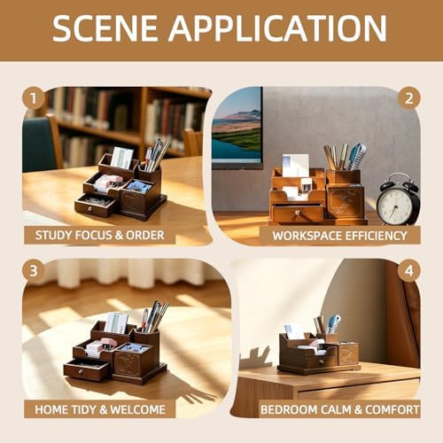 Bamboo Desk Organizer with Drawer, Wood Pen Holder & Card Slot, Brown - Image 5
