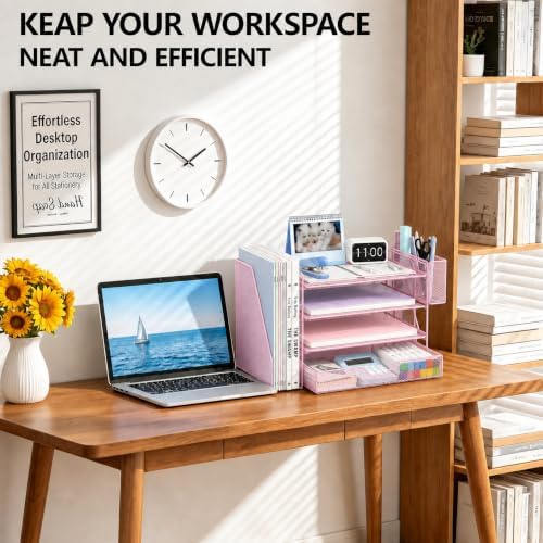 OPNICE Desk Organizers and Accessories, 4-Tier Desktop File Organizer with Drawer and Pen Holders, Office Desk Accessories Workspace Organizers for Office Supplies (Soft Pink) - Image 5