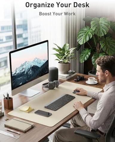 Aothia Faux Leather Desk Mat - Non-Slip PU Leather Desk Blotter, Waterproof Writing Surface, Large Desk Pad for Office & Home (Beige, 55" x 17") - Image 3