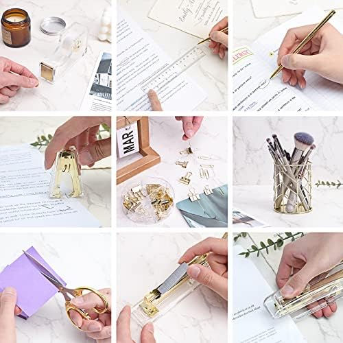 EOOUT Gold Office Supplies Set Desk Accessories, Acrylic Stapler Set Staple Remover, Phone Holder, Tape Holder, Pen Holder, 2 Ballpoint Pen, Scissor, Binder Clips, Ruler, Transparent Glue and Staples. - Image 5