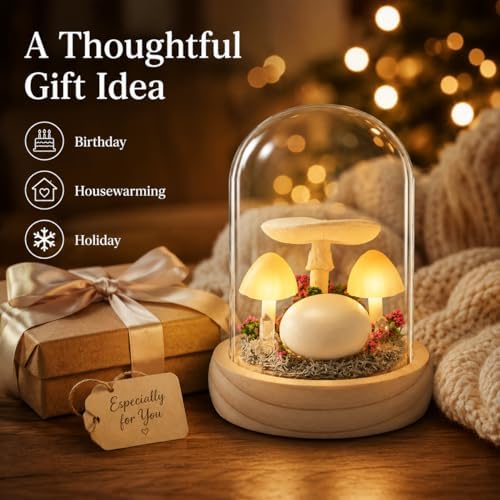 QUELIEN Mushroom Lamp,Light Up Mushroom in Glass Dome,Birthday Party Decorations,Unique Gifts for Women Mom Wife - Image 6