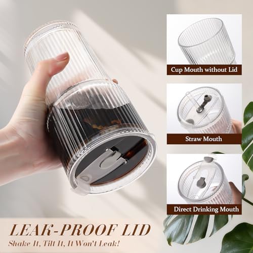 Iced Coffee Cups with Lids: Coffee Bar Accessories - Ribbed Glass Tumbler with Straw and Lid 4Pcs - 20oz Leak Proof Tumbler - Reusable Glass Cups and Tumblers with Lid and Straws for To Go Iced Coffee - Image 4