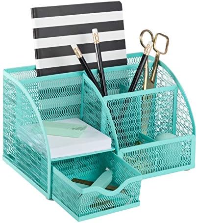BLU MONACO Aqua Desk Organizer | Metal Turquoise Stationery Holder With Drawer and Compartments | Desktop Storage for School, Bedroom, Locker and Home | 5.5”D x 8.6”W x 5”H Accessory Caddy by Blu_Monaco