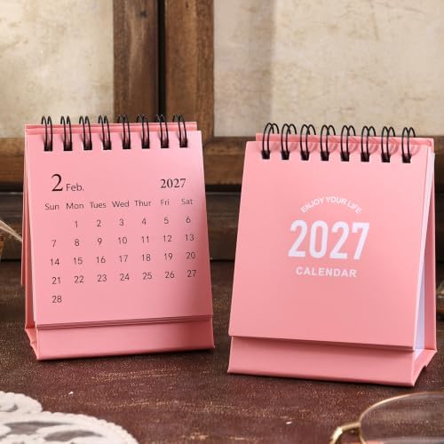 Mini Desk Calendar 2027-2028 - Jan 2027 to June 2028 Small Desktop Calendar Mini Daily Schedule Thick Paper Twin-Wire Binding with Stickers for Home Office School (Mini Pink) - Image 6