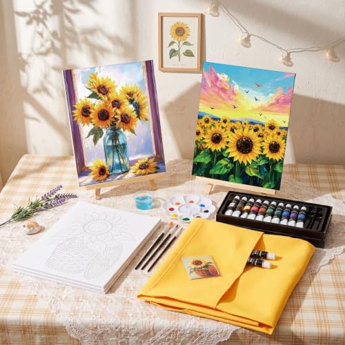 Cholemy 6 Set Paint and Sip Kit for Adults 8"x 10" Pre Drawn Canvas Painting with Wooden Easel Acrylic Paint Wash Cup Brushes Palette Apron for Painting DIY Adult's Date Party Supplies(Sunflower) - Image 5