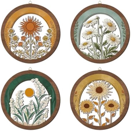 HPNIUB Vintage Flower Wall Decor, Farmhouse Sunflower Daisy Geometric Hanging Wooden Wall Art, 4 Pieces 10''x10'' Minimalist Boho Sun&Floral Wood Sign for Girls Bedroom Living Room Office by HPNIUB