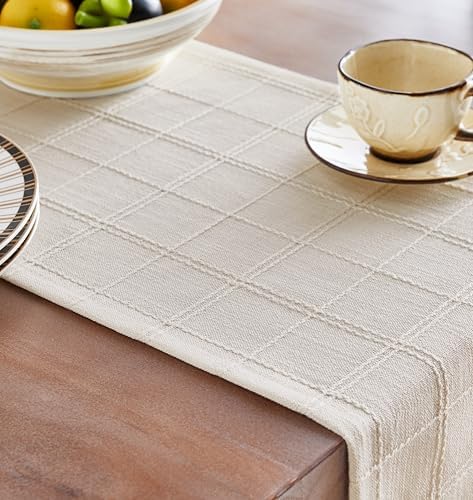ZeeMart Linen Checked Farmhouse Table Runner, 13x90 Inches Ivory - Image 5