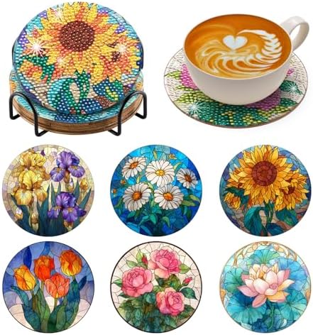 Zynlio Flowers Diamond Art Coasters Diamond Painting Coasters Kits with Holder Flowers DIY Coaster for Adults Beginners, Diamonds Art Crafts Supplies by Unknown