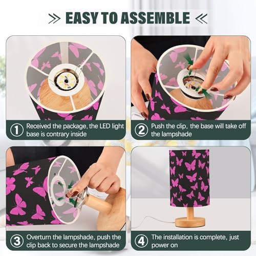 Hot Pink Butterfly Pink and Black Bedside Table Lamps with USB Port for Bedroom Lamp Table Lamp Small Nightstand Lamp Sturdy Linen Shade Wooden Decorative Lamps for Home Dorm Office Living Room - Image 6