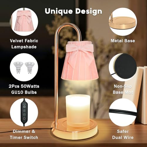 Pink Candle Warmer Lamp with Timer Dimmer Cute Coquette Bow Table Lamp Modern Decorative Bedside Light Valentine's Day Birthday Gifts Idea for Women Mom House Warming New Home Bedroom Decor - Image 5