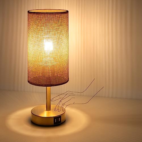 Yarra-Decor Bedside Lamp with USB Port - Touch Control Table Lamp for Bedroom Wood 3 Way Dimmable Nightstand Lamp with Round Flaxen Fabric Shade for Home Office (LED Bulb Included) (Y - NET) - Image 5