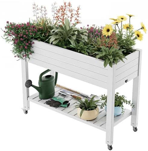 Elevated Raised Garden Bed with Wheels,Outdoor Large Resin Patio Planter Box Stand Divisible with Drain Plug,Water Monitor for Plants Vegetables Flowers Fruits(Ashen) by GYMHILL