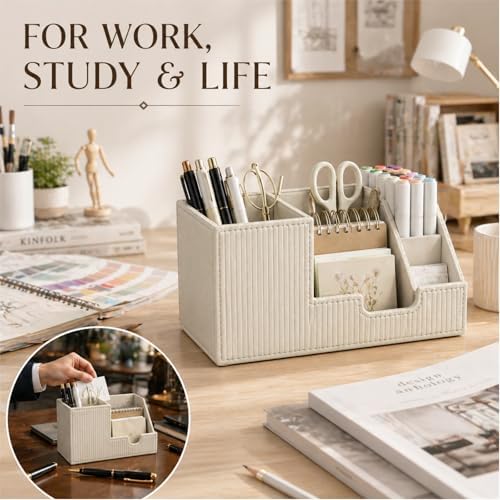 Desk Organizer Pen Holder, Aesthetic Striped White Small Organizer, Multi Slot Pencil Holder For Desk Office Desktop Stationery & Remote control Storage - Image 3
