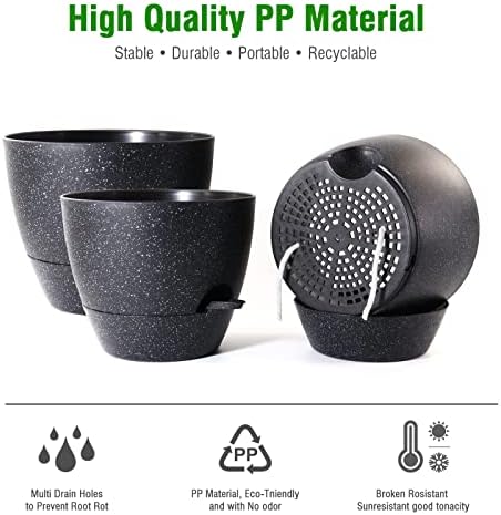 UOUZ Large Self Watering Pots, 12/10/9 Plastic Planters with High Drainage Holes and Deep Reservoir for Indoor Outdoor Garden Plants and Flowers, Black Speckles - Image 5