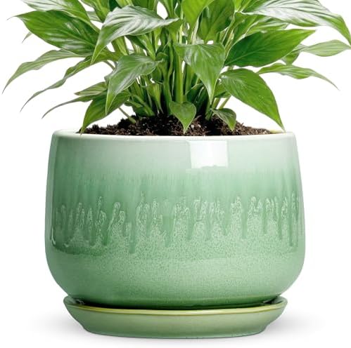 Ceramic Pots for Plants - 7 Inch Planters for Indoor Plants, Round Ceramic Plant Pot with Drainage Hole and Saucer, Decorative Planters, Rustic Home Decor, Plant Gifts for Women, Green by Fivepot