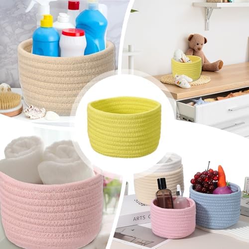 uxcell Yellow Small Cotton Rope Woven Storage Basket, Shelf Closet Storage Gift Woven Baskets Cute Nursery Box Bin Decor Organization Bin for Home Supply, Round, 6.3x4.4 - Image 6