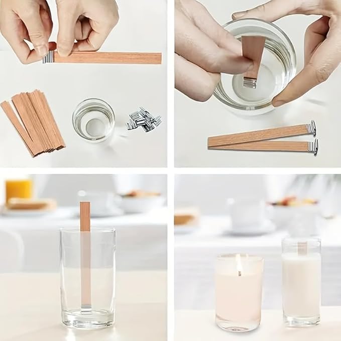 300pcs Wood Wicks for Candles Making,100pcs Wooden Candle Wicks and 100pcs Base,100pcs Wick Stickers,for Soy Wax, Beeswax, Coconut Wax - DIY Candle Making Supplies for Beginners & Professionals