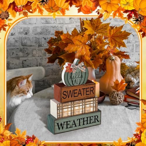 Moucuny 4 Pcs Fall Table Decor Neutral Sage Green Pumpkin Wooden Sign - Image 6