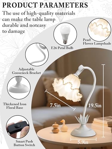 Flower Table Lamp, LED Reading Light Vintage Night light (White Pearls) - Image 5
