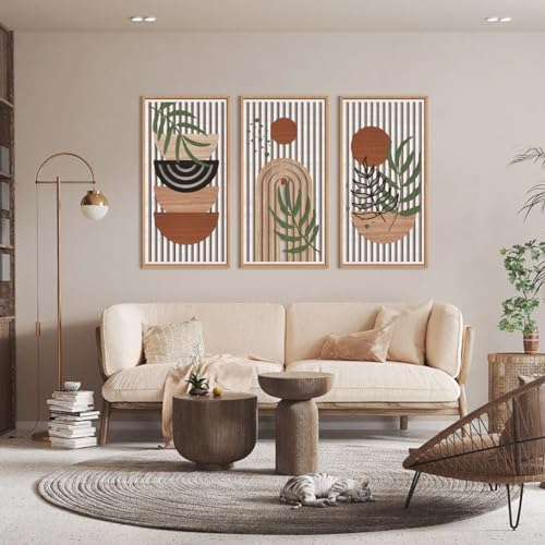 IARTTOP Large Boho Wood Wall Art Framed 16x32 Inch Mid Century Modern Wooden Wall Decor Abstract Bohemian Minimalist Art Decor for Bedroom Living Room Office Set of 3 - Image 5