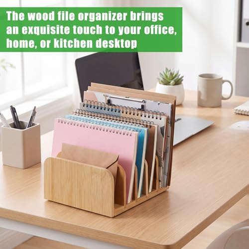 Lineshading Bamboo Letter Organizer, 5 Compartments Desk Mail Organizer, Desktop Envelope Holder and Letter Sorter, Countertop Paper File Holders with Anti Slip Mat for Home Office(Bamboo Color) - Image 2