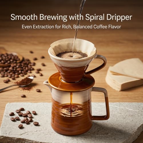 Topadorn 15oz Pour Over Coffee Maker Set, Ceramic Dripper & Carafe,Brown - Image 6