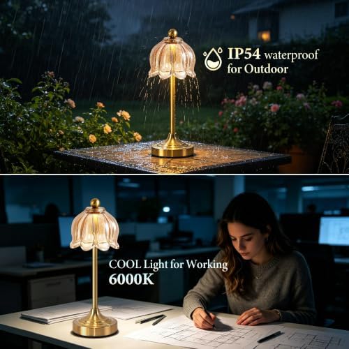 Small Tulip Cordless Table Lamp, LED Touch Accent Lamp with Amber Glass Shade, Dimmable Vintage Table Lamps for Bedroom, Kitchen, Nightstand, Restaurant - Image 5