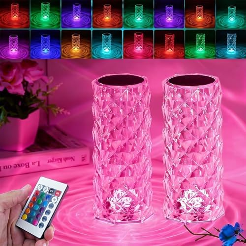 2-Pack Crystal Table Lamp Touch, 16 Color Changing Night Light, Rechargeable, Dimmable, RGB Rose Diamond Mood Lighting, Protable Cordless Desk Lamp Bedside Led Light for Bedroom Living Room Party by KidoYean