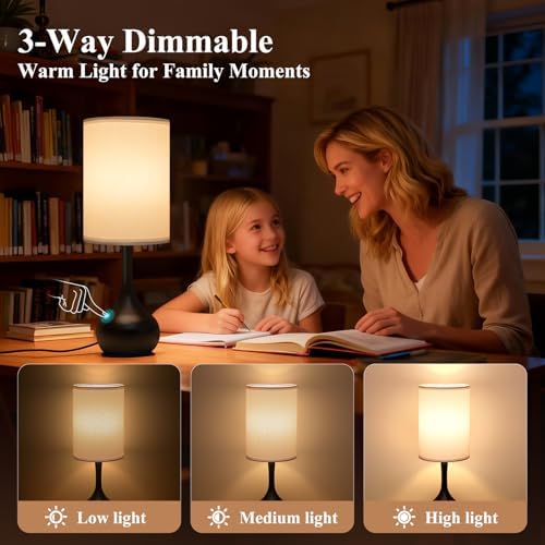 ONEWISH Touch Bedside Lamp for Bedroom, 3-Way Dimmable Table Lamps for Nightstand, White Fabric Shade Desk Lamp for Kids Reading, Living Room, Home Office - Image 2