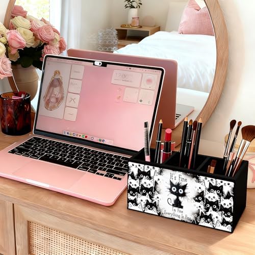 Funny Black Cat Pen Pencil Holder for Desk, Funny Office Gifts for Coworkers, Black Cat Gifts for Women, It's Fine Everything Is Fine Wooden Box Sign Decorations for Home Office Desk Tabletop - Image 5