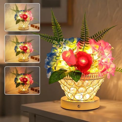 Birthday Gifts for Women, Gift Basket for Mom Blue & Pink Hydrangea Rose Cordless Table Lamp, 3 Color Crystal Lamps Touch Bedside Lamps with USB Charge Small Night Light for Bedroom by Hibeauti