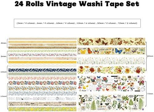 24 Rolls Vintage Washi Tape Set, Floral Letter Butterfly Mushroom Botanical Flower Writable Decorative Tapes for Scrapbooking , Junk Journal supplies, Bullet Journaling 5-75mm Wide 9.84ft long/Roll - Image 3