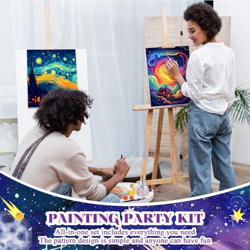Humyoun 8 Sets 8" x 10" Starry Sky Pre Drawn Canvas to Paint for Sip and Paint Party Starry Sky Predrawn Coloring Set Pre Sketched Canvas Boards with Paints and Brushes for Adult - Image 4